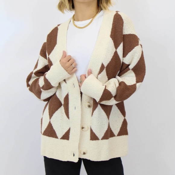 Princess Polly Sweaters - grey bandit argyle brown and cream oversized chunky cardigan